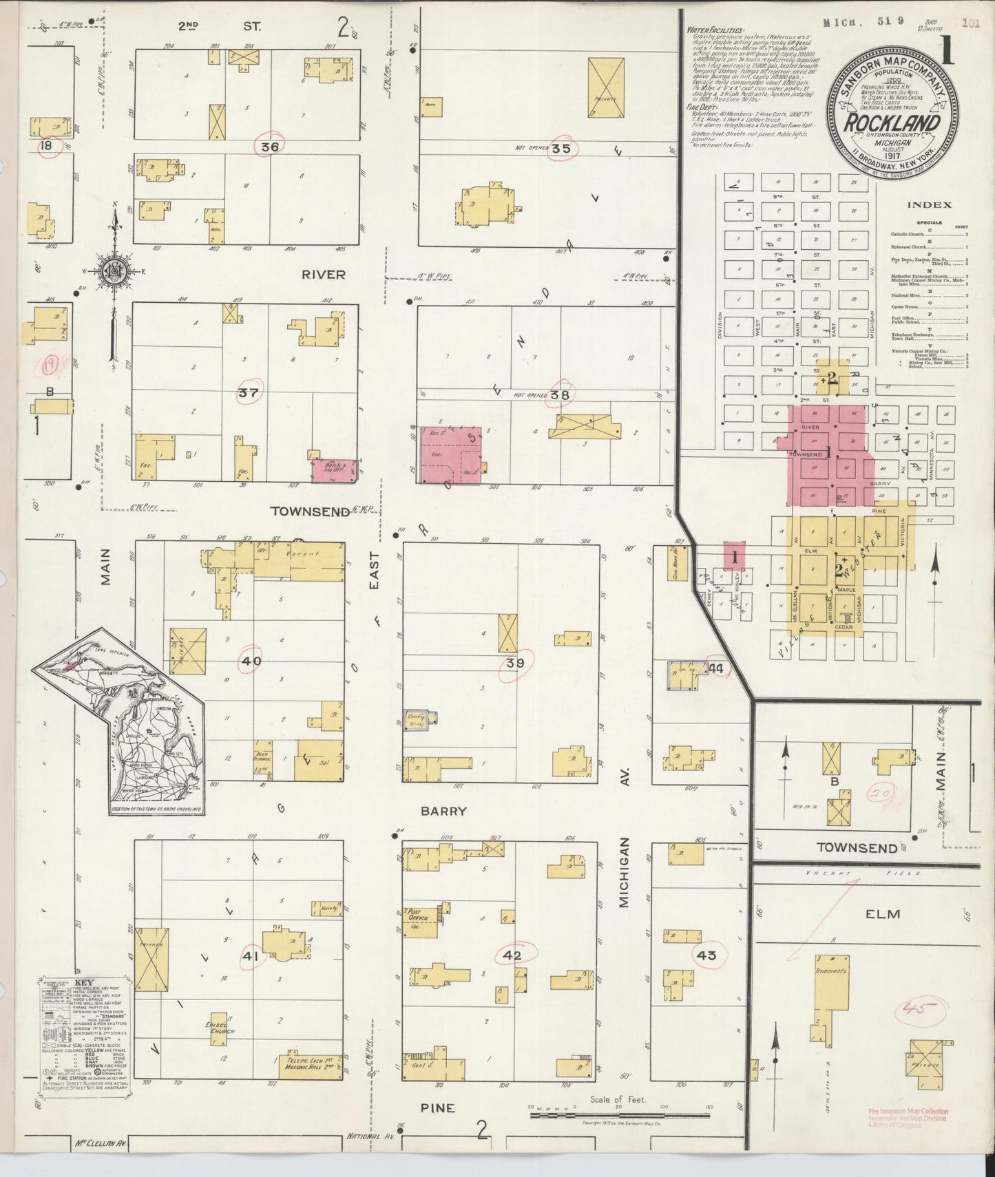 Sanborn Fire Insurance Map from Rockland, Ontonagon County, Michigan (1917), Sheet #0001 - Complete Map Set gallery image, historic Sanborn map, vintage wall art, Michigan Michigan