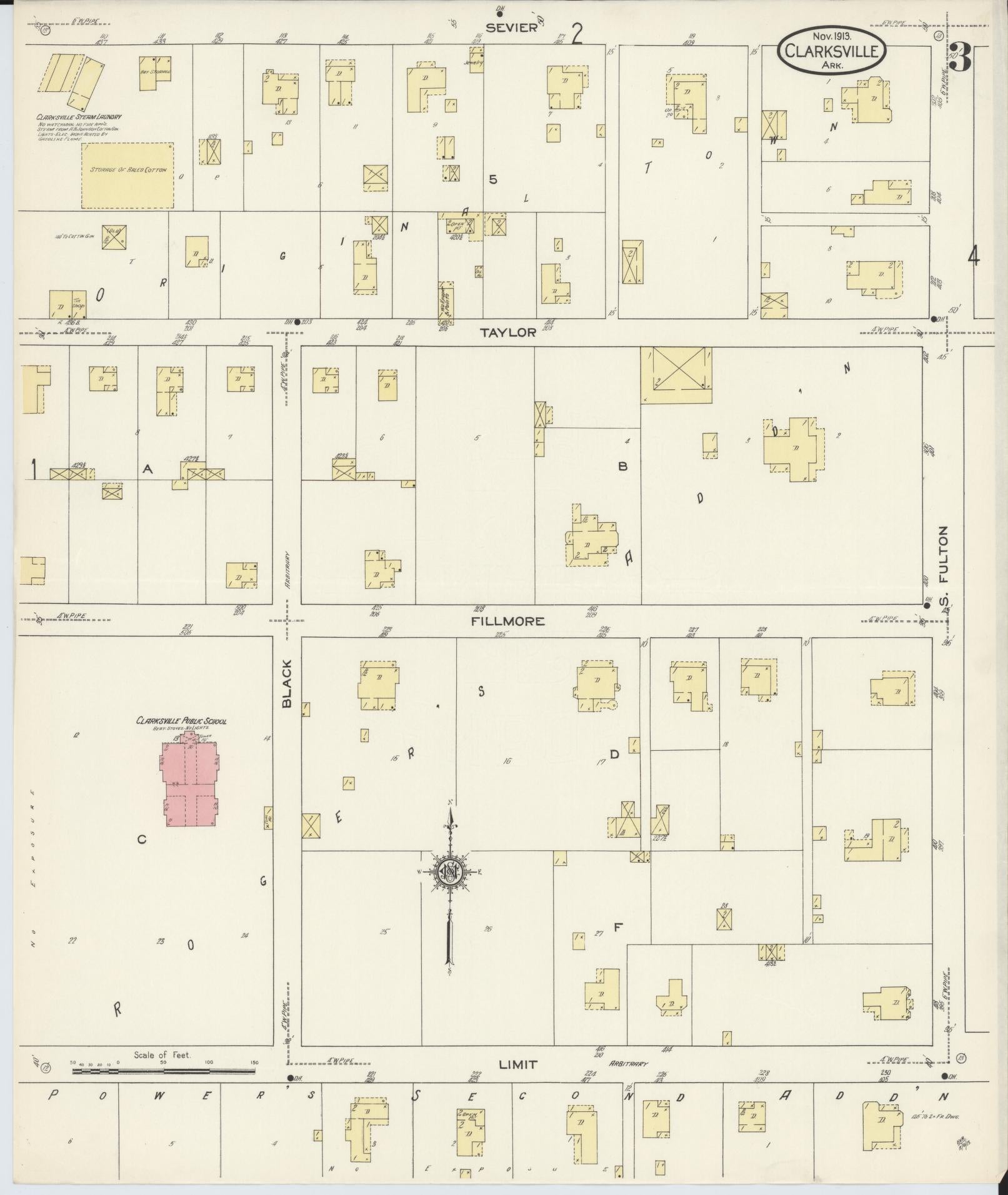 Sanborn Fire Insurance Map from Clarksville, Johnson County, Arkansas (1913), Sheet #0003 - Historic Sanborn Fire Insurance Map Print, vintage old map wall art, antique decor, genealogy gift, Arkansas Arkansas map