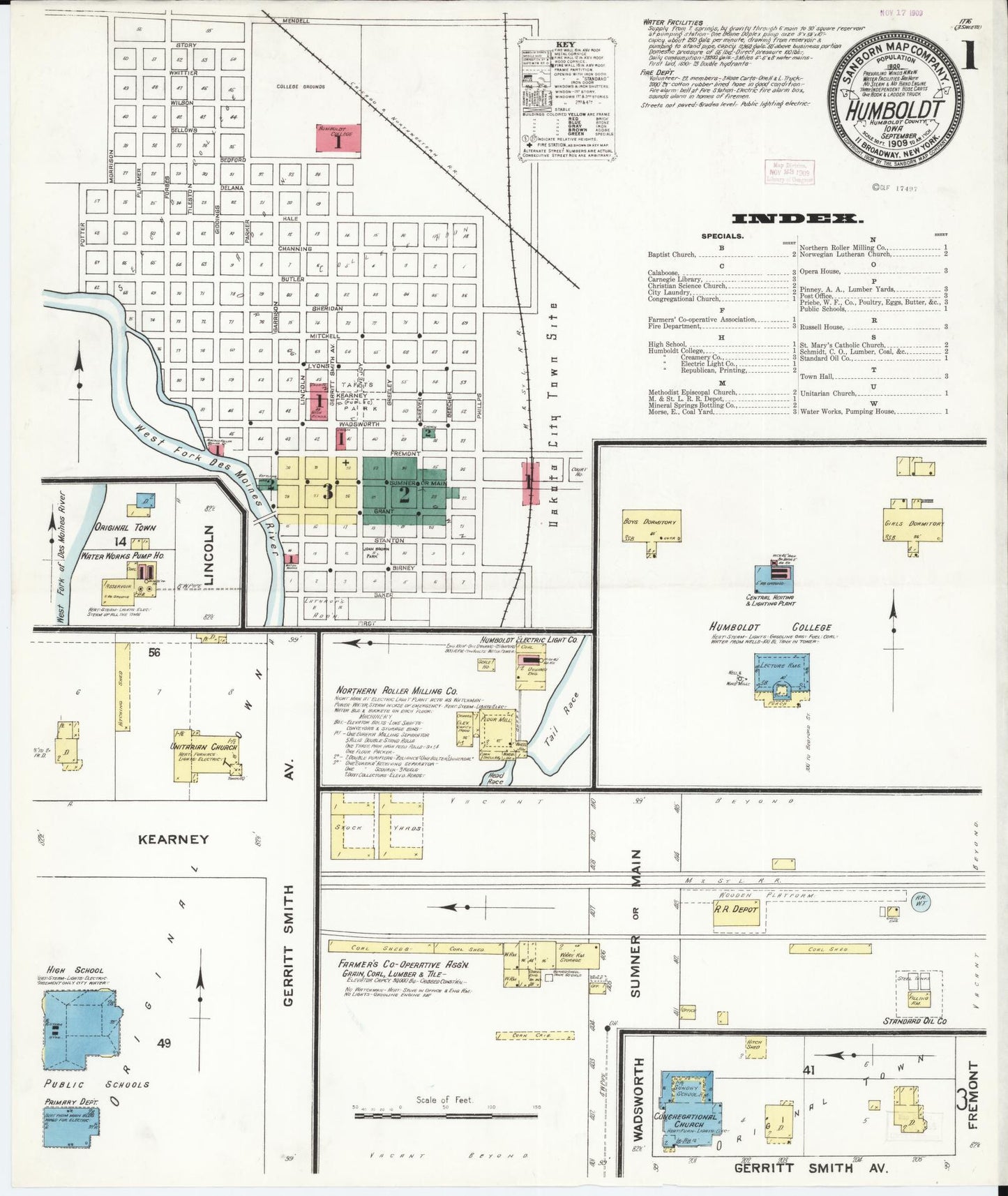 Sanborn Fire Insurance Map from Humboldt, Humboldt County, Iowa (1909), Sheet #0001 - Historic Sanborn Fire Insurance Map Print, vintage old map wall art