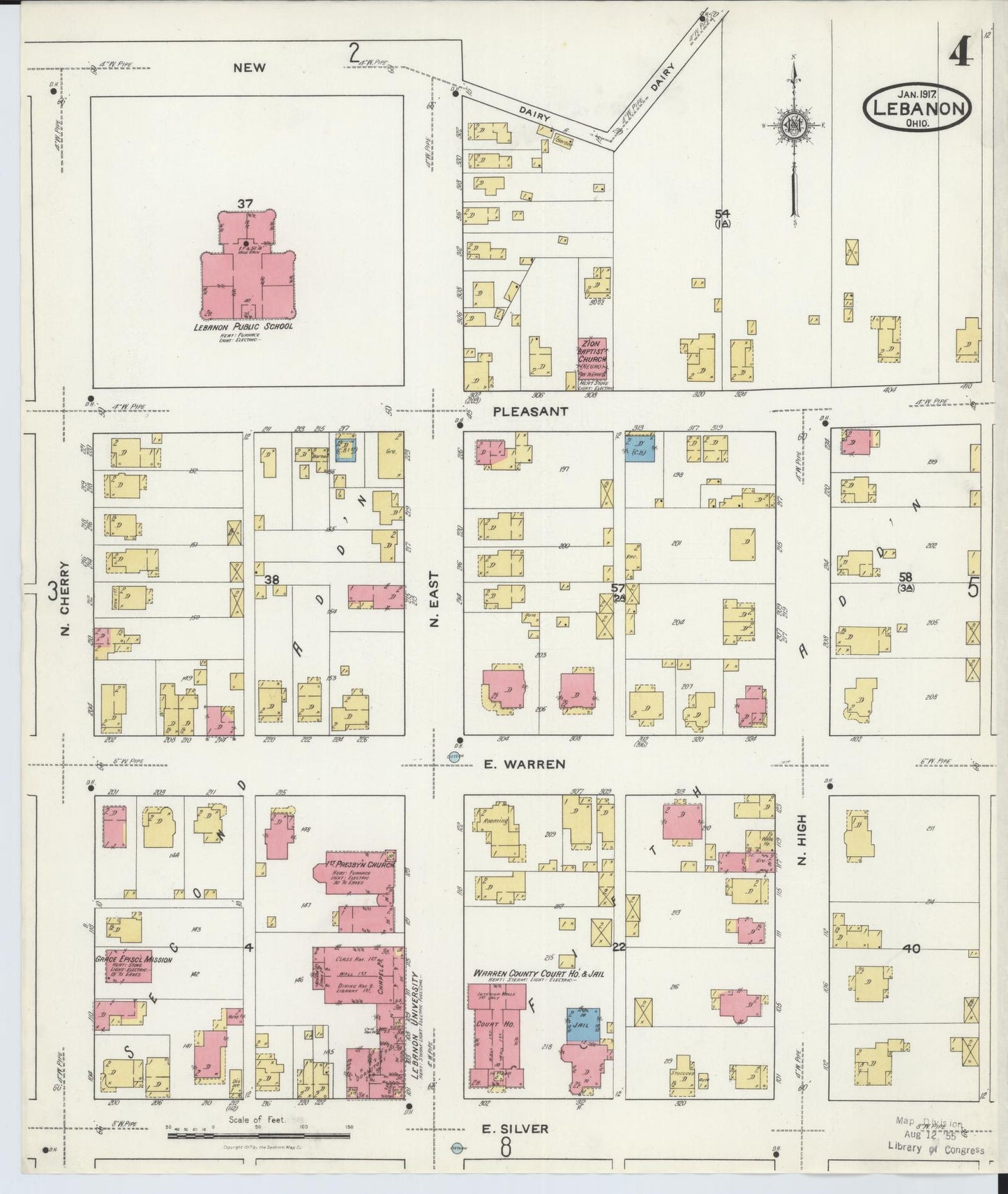 Sanborn Fire Insurance Map from Lebanon, Warren County, Ohio (1917), Sheet #0004 - Historic Sanborn Fire Insurance Map Print, vintage old map wall art, antique decor, genealogy gift, Ohio Ohio map