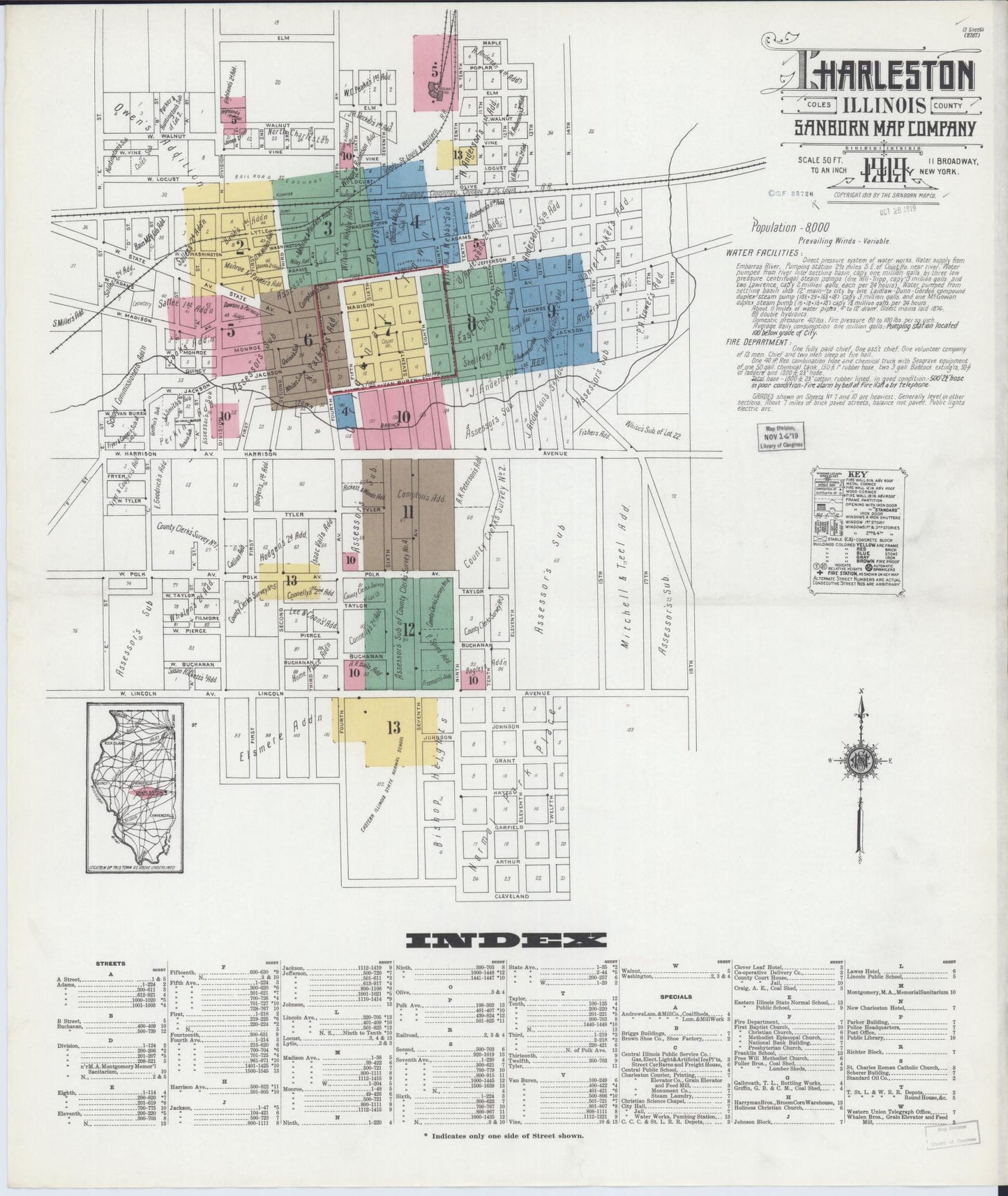 Sanborn Fire Insurance Map from Charleston, Coles County, Illinois (1919), Sheet #0001 - Complete Map Set gallery image, historic Sanborn map, vintage wall art, Illinois Illinois