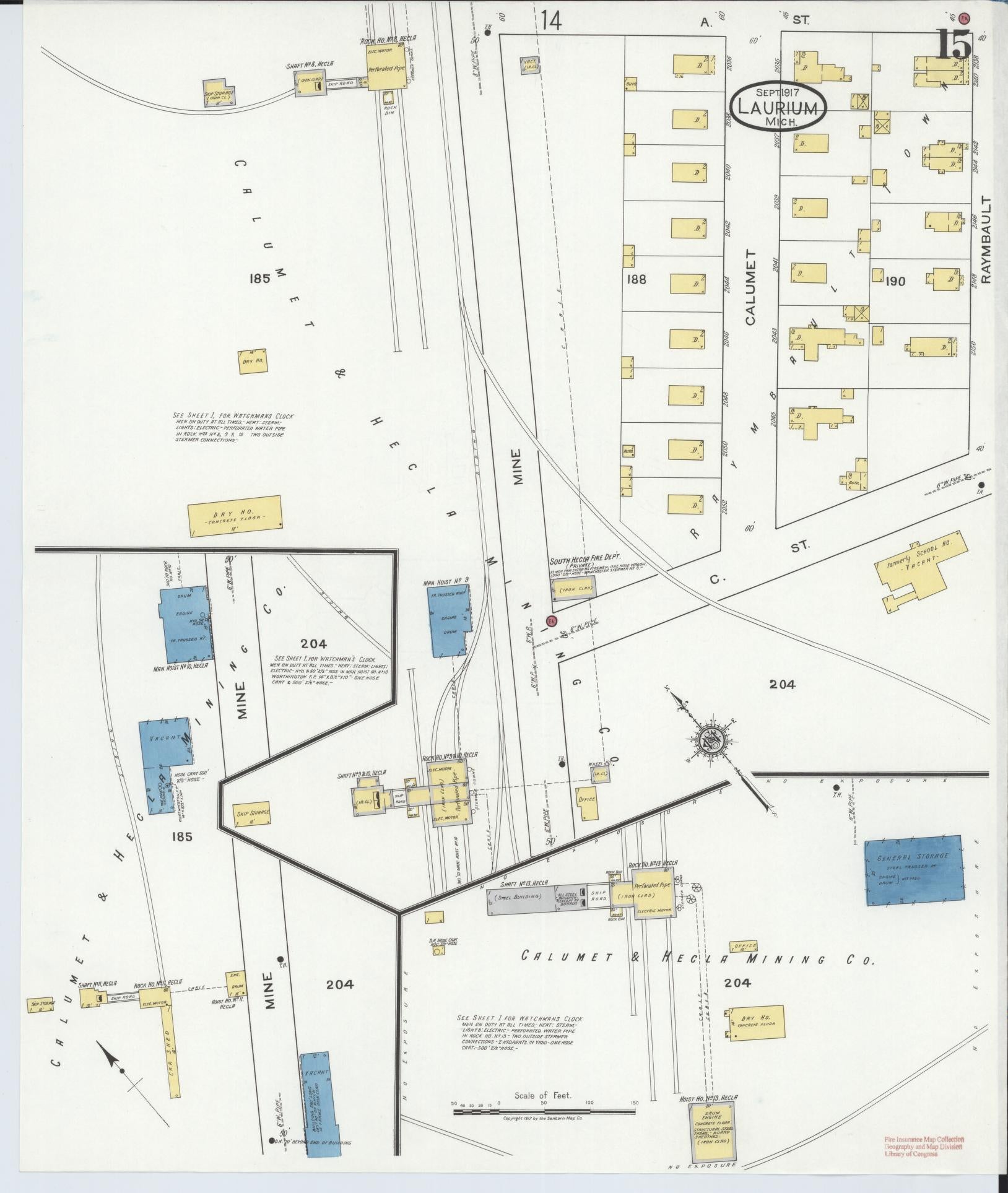 Sanborn Fire Insurance Map from Laurium, Houghton County, Michigan (1917), Sheet #0015 - Complete Map Set gallery image, historic Sanborn map, vintage wall art, Michigan Michigan