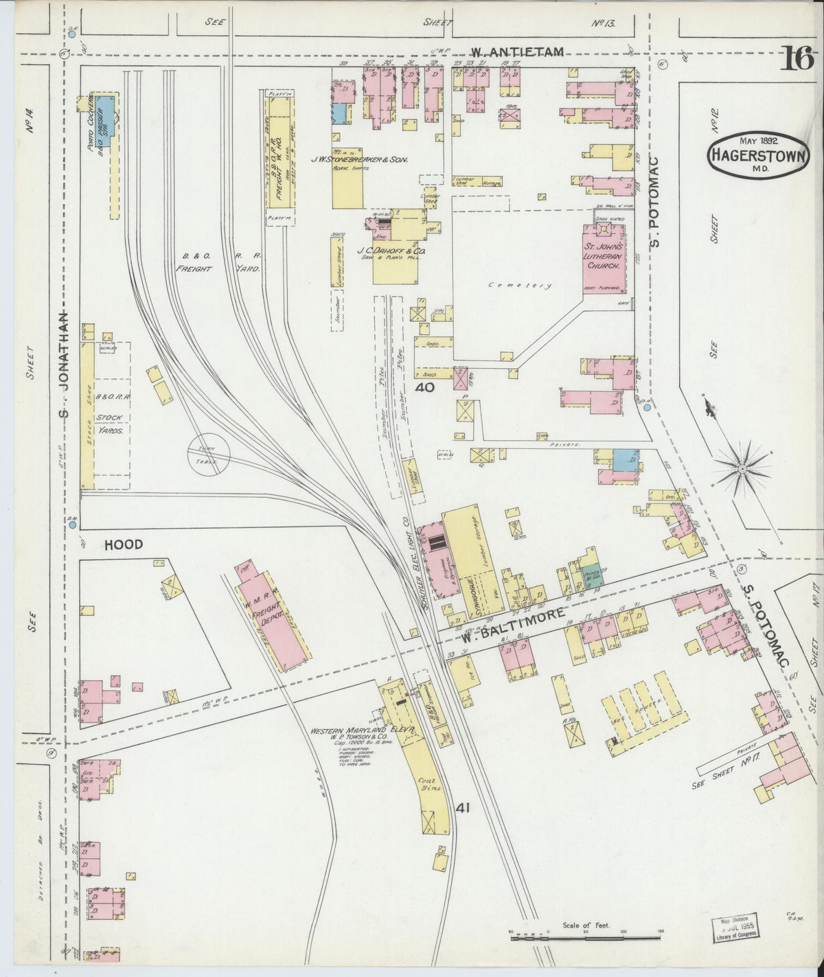 Sanborn Fire Insurance Map from Hagerstown, Washington County, Maryland (1892), Sheet #0016 - Historic Sanborn Fire Insurance Map Print, vintage old map wall art, antique decor, genealogy gift, Maryland Maryland map