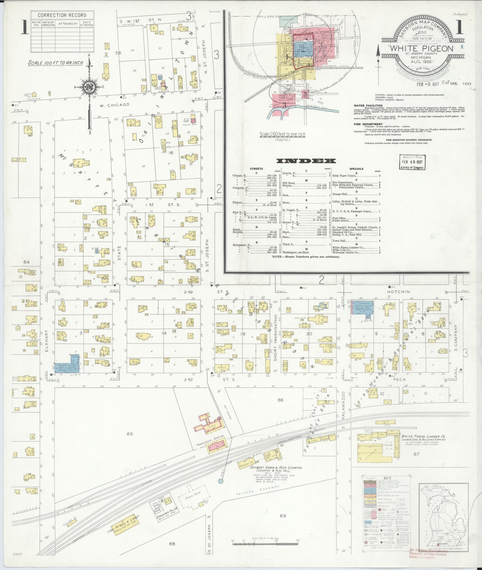 Sanborn Fire Insurance Map from White Pigeon, Saint Joseph County, Michigan (1936), Sheet #0001 - Historic Sanborn Fire Insurance Map Print, vintage old map wall art, antique decor, genealogy gift, Michigan Michigan map