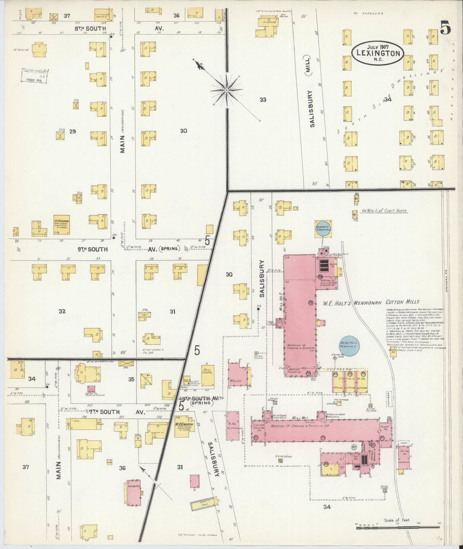 Sanborn Fire Insurance Map from Lexington, Davidson County, North Carolina (1907), Sheet #0005 - Historic Sanborn Fire Insurance Map Print, vintage old map wall art, antique decor, genealogy gift, North Carolina North Carolina map
