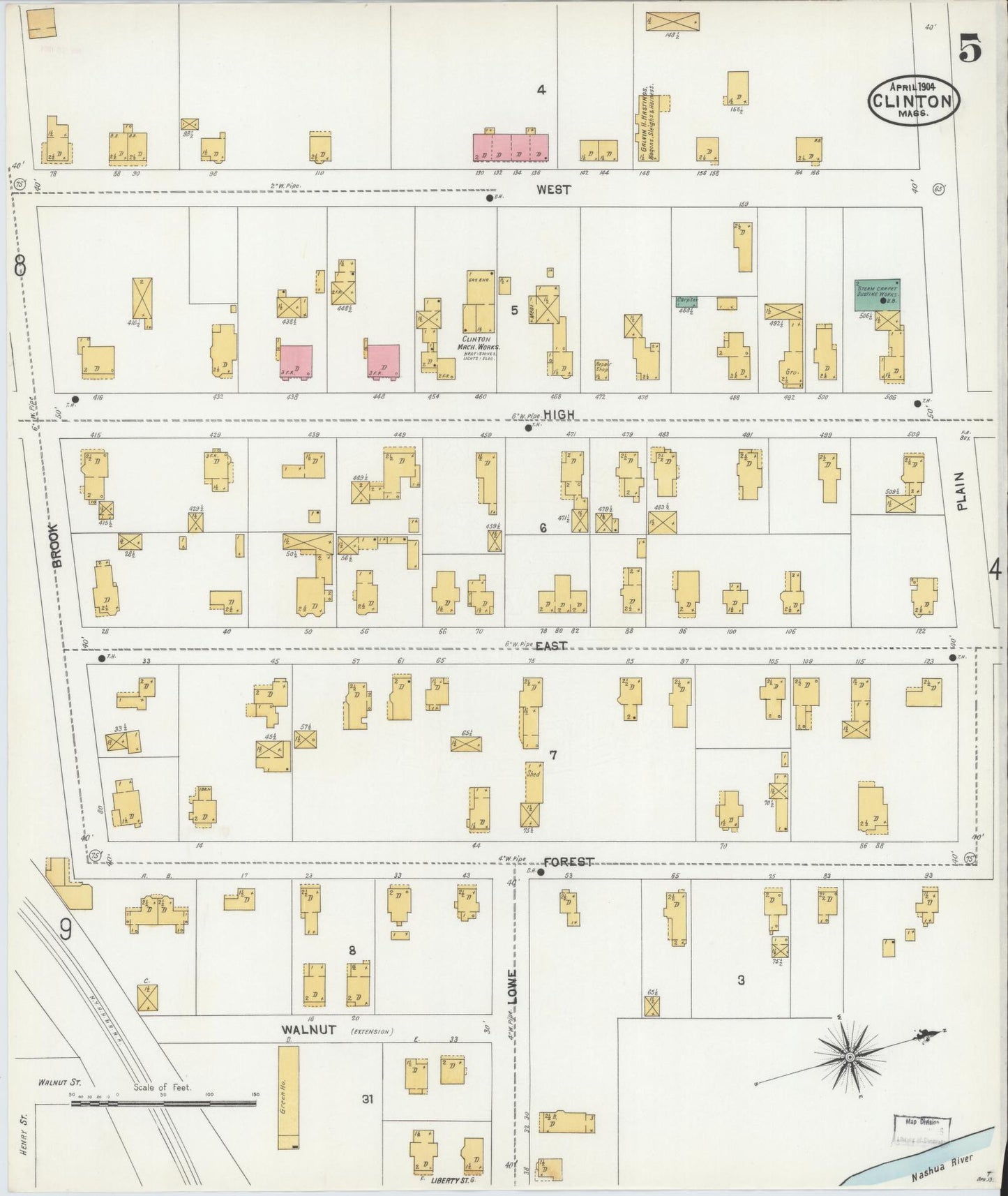 Sanborn Fire Insurance Map from Clinton, Worcester County, Massachusetts (1904), Sheet #0005 - Historic Sanborn Fire Insurance Map Print, vintage old map wall art, antique decor, genealogy gift, Massachusetts Massachusetts map