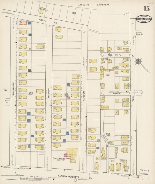Sanborn Fire Insurance Map from Arlington, Middlesex County, Massachusetts (1922), Sheet #0015 - Historic Sanborn Fire Insurance Map Print, vintage old map wall art, antique decor, genealogy gift, Massachusetts Massachusetts map