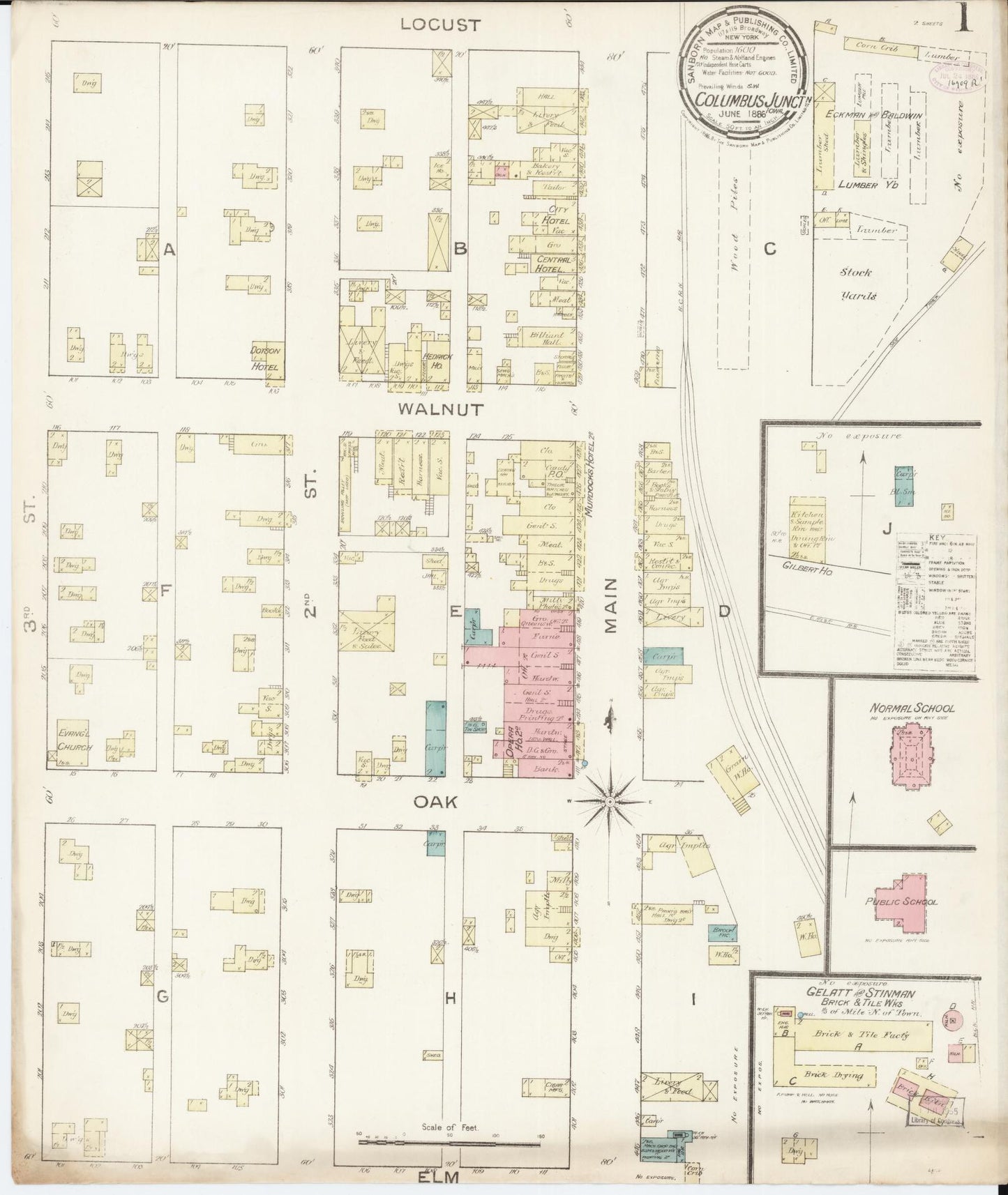 Sanborn Fire Insurance Map from Columbus Junction, Louisa County, Iowa (1886), Sheet #0001 - Historic Sanborn Fire Insurance Map Print, vintage old map wall art