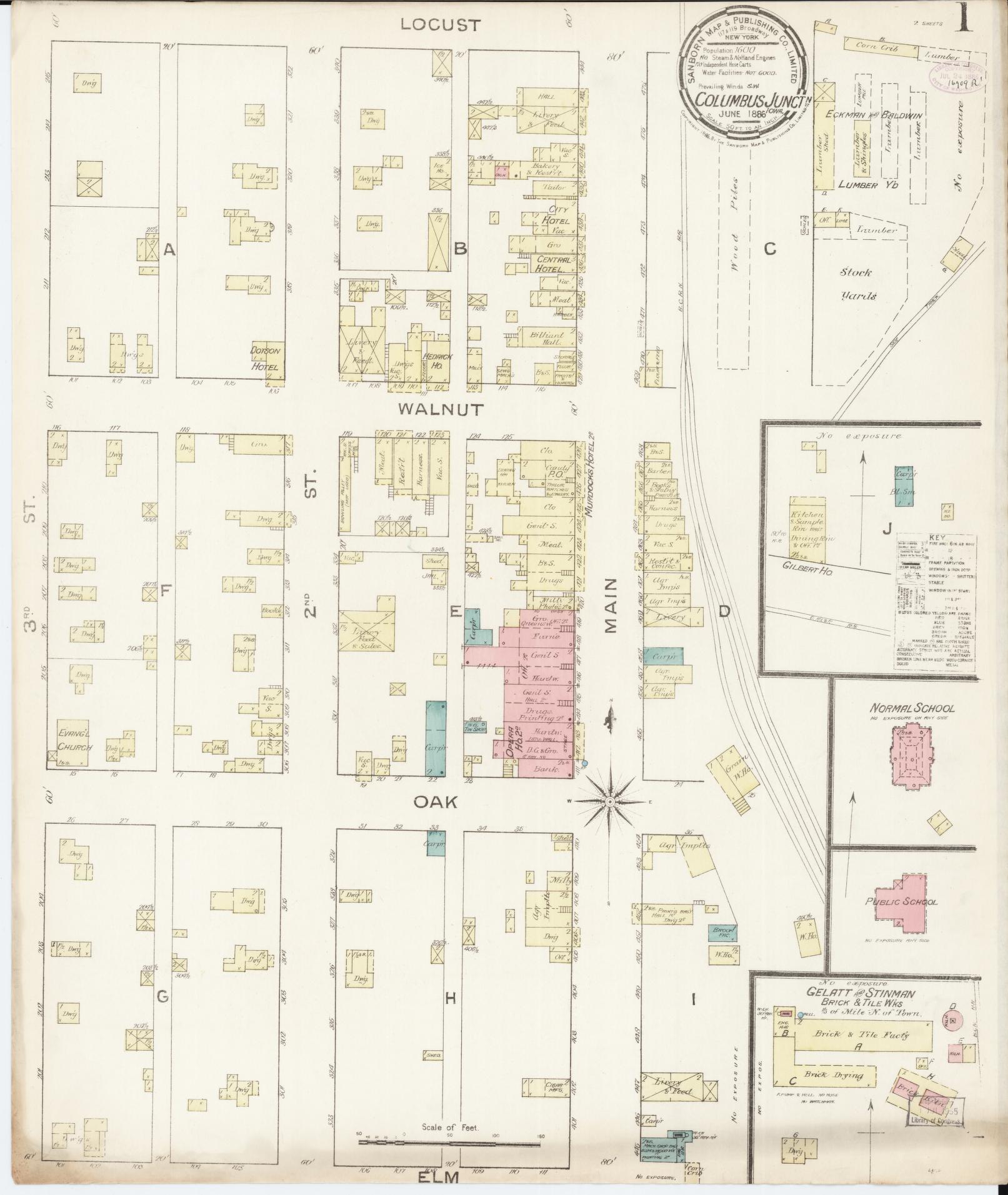 Sanborn Fire Insurance Map from Columbus Junction, Louisa County, Iowa (1886), Sheet #0001 - Historic Sanborn Fire Insurance Map Print, vintage old map wall art