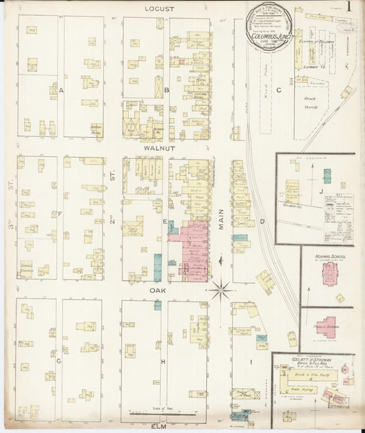 Sanborn Fire Insurance Map from Columbus Junction, Louisa County, Iowa (1886), Sheet #0001 - Historic Sanborn Fire Insurance Map Print, vintage old map wall art