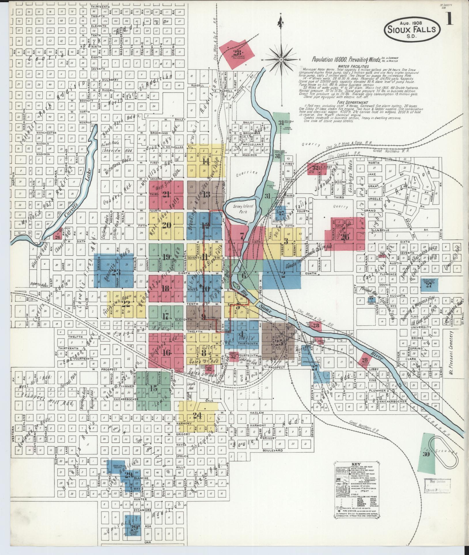 Sanborn Fire Insurance Map from Sioux Falls, Minnehaha County, South Dakota (1908), Sheet #0001 - Historic Sanborn Fire Insurance Map Print, vintage old map wall art, antique decor, genealogy gift, South Dakota South Dakota map