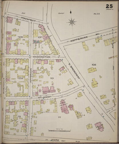 Sanborn Fire Insurance Map from Yonkers, Westchester County, New York (1886), Sheet #0025 - Historic Sanborn Fire Insurance Map Print, vintage old map wall art, antique decor, genealogy gift, New York New York map