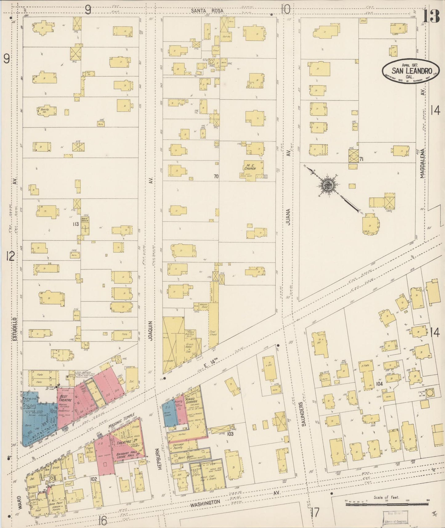 Sanborn Fire Insurance Map from San Leandro, Alameda County, California (1917), Sheet #0013 - Complete Map Set gallery image, historic Sanborn map, vintage wall art, California California