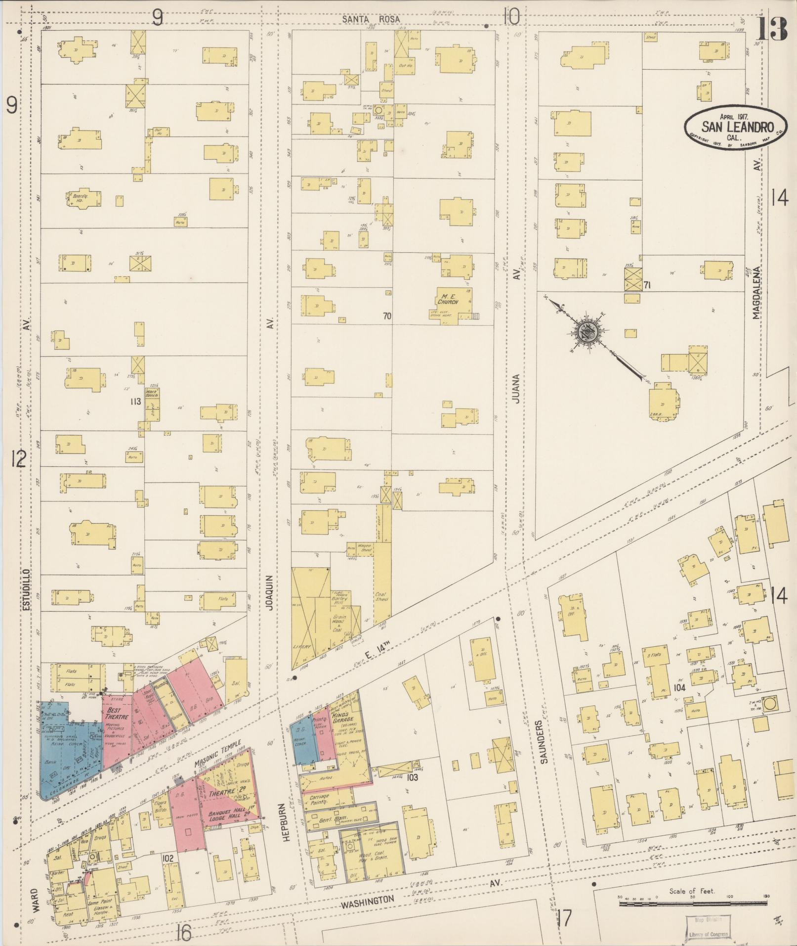 Sanborn Fire Insurance Map from San Leandro, Alameda County, California (1917), Sheet #0013 - Complete Map Set gallery image, historic Sanborn map, vintage wall art, California California