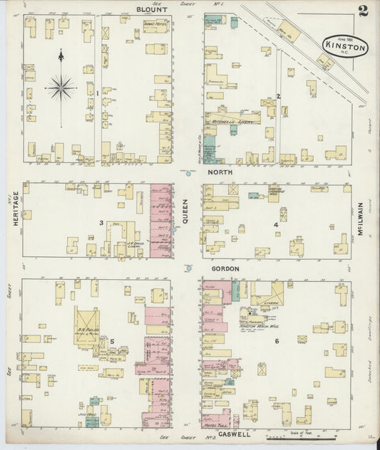 Sanborn Fire Insurance Map from Kinston, Lenoir County, North Carolina (1891), Sheet #0002 - Historic Sanborn Fire Insurance Map Print, vintage old map wall art, antique decor, genealogy gift, North Carolina North Carolina map