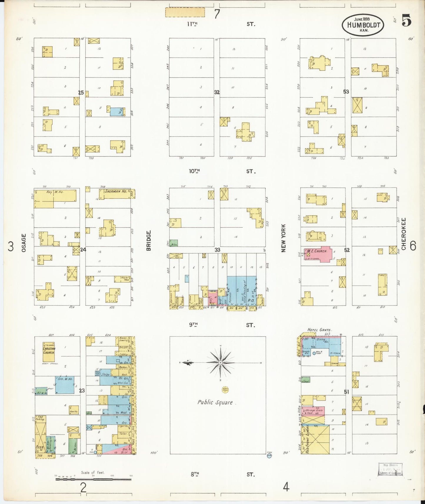 Sanborn Fire Insurance Map from Humboldt, Allen County, Kansas (1899), Sheet #0005 - Historic Sanborn Fire Insurance Map Print, vintage old map wall art, antique decor, genealogy gift, Kansas Kansas map