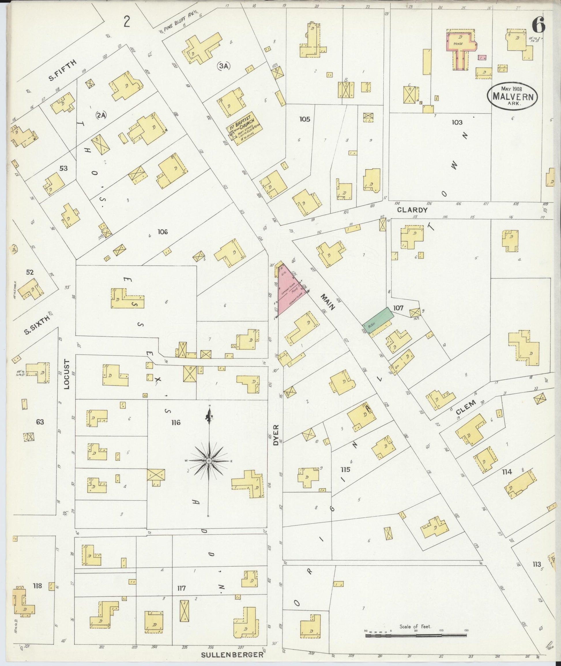Sanborn Fire Insurance Map from Malvern, Hot Springs County, Arkansas (1908), Sheet #0006 - Complete Map Set gallery image, historic Sanborn map, vintage wall art, Arkansas Arkansas