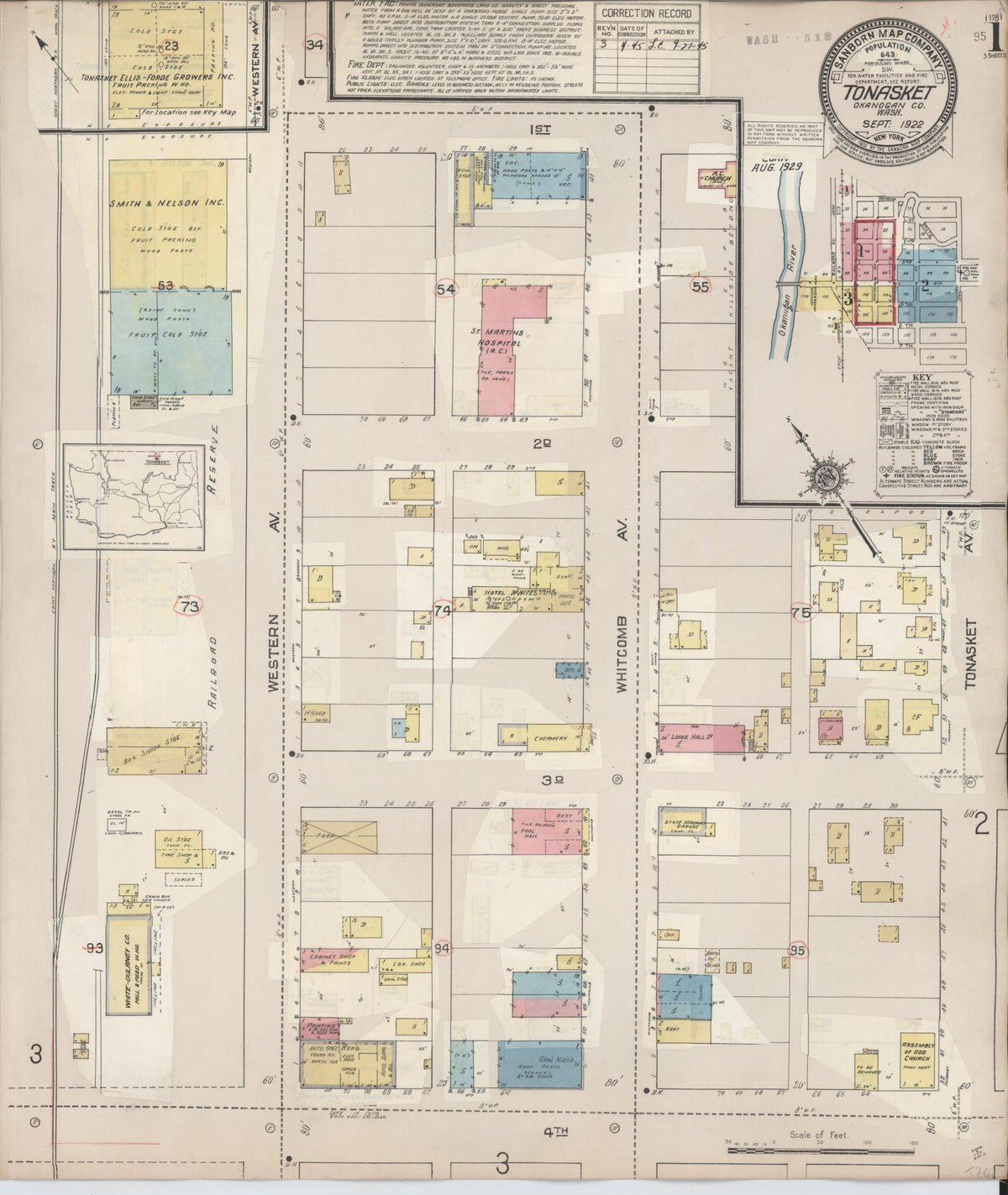 Sanborn Fire Insurance Map from Tonasket, Okanogan County, Washington (1945), Sheet #0001 - Historic Sanborn Fire Insurance Map Print, vintage old map wall art, antique decor, genealogy gift, Washington Washington map