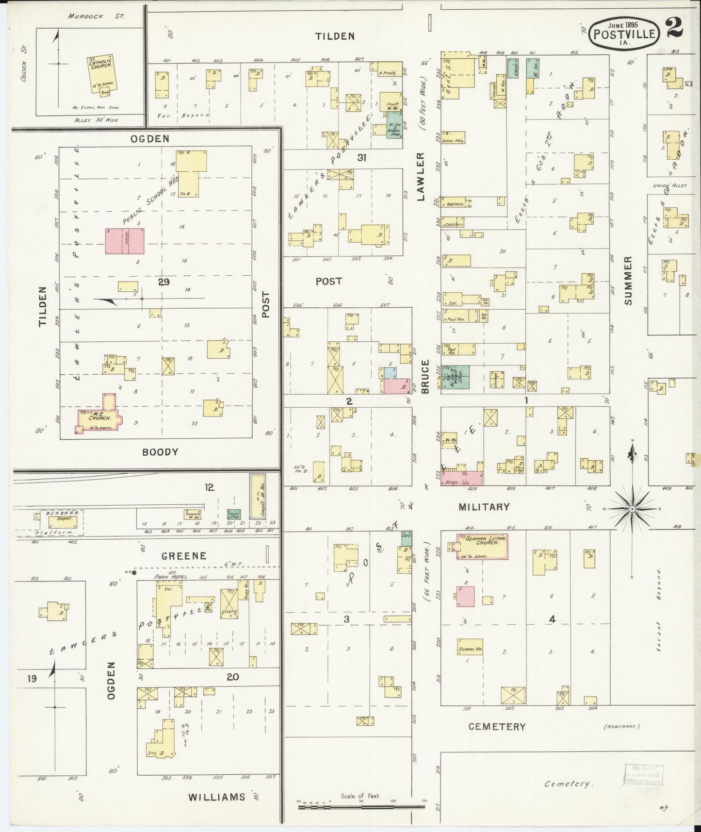 Sanborn Fire Insurance Map from Postville, Allamakee County, Iowa (1895), Sheet #0002 - Historic Sanborn Fire Insurance Map Print, vintage old map wall art