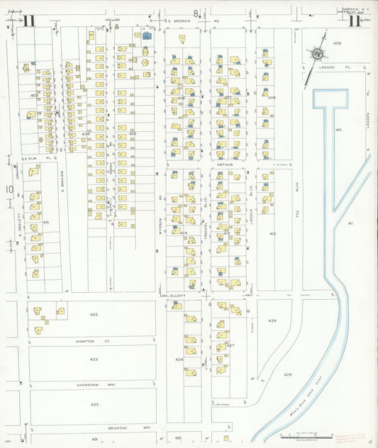Sanborn Fire Insurance Map from Merrick, Nassau County, New York (1935), Sheet #0011 - Historic Sanborn Fire Insurance Map Print, vintage old map wall art, antique decor, genealogy gift, New York New York map