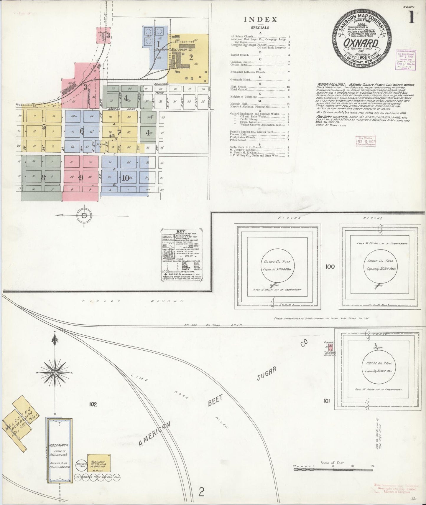 Sanborn Fire Insurance Map from Oxnard, Ventura County, California (1906), Sheet #0001 - Complete Map Set gallery image, historic Sanborn map, vintage wall art, California California