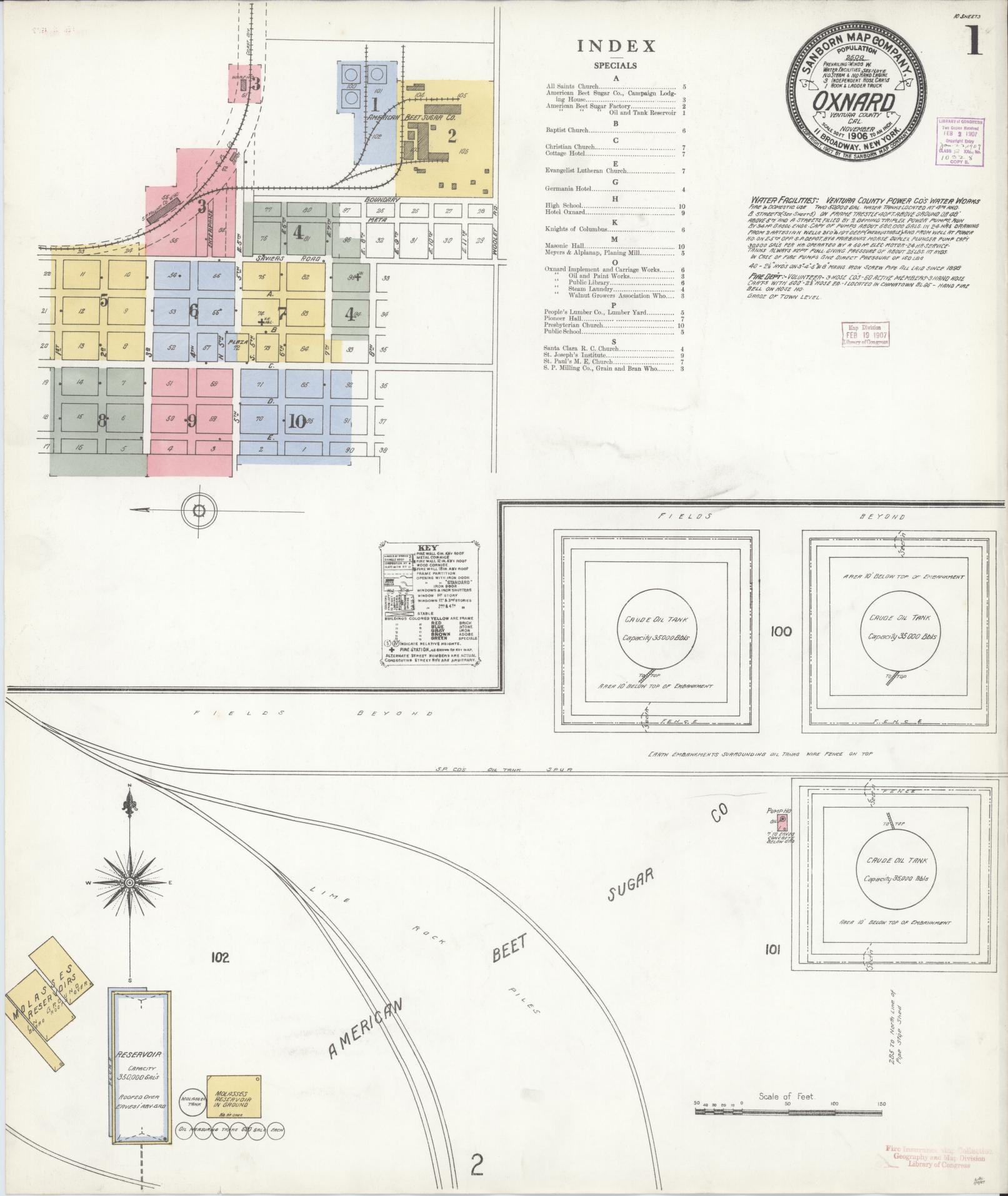 Sanborn Fire Insurance Map from Oxnard, Ventura County, California (1906), Sheet #0001 - Complete Map Set gallery image, historic Sanborn map, vintage wall art, California California
