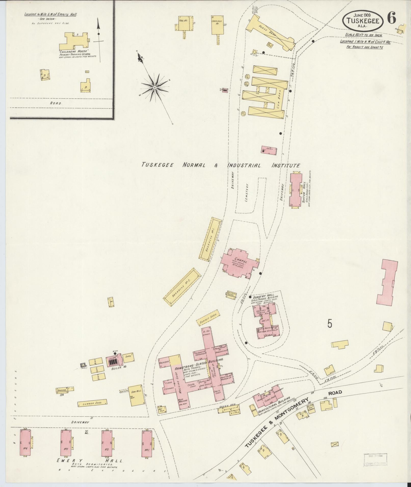 Sanborn Fire Insurance Map from Tuskegee, Macon County, Alabama (1909), Sheet #0006 - Complete Map Set gallery image, historic Sanborn map, vintage wall art, Alabama Alabama