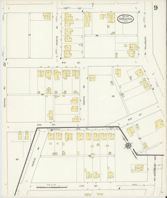 Sanborn Fire Insurance Map from Spencer, Rowan County, North Carolina (1913), Sheet #0009 - Historic Sanborn Fire Insurance Map Print, vintage old map wall art, antique decor, genealogy gift, North Carolina North Carolina map