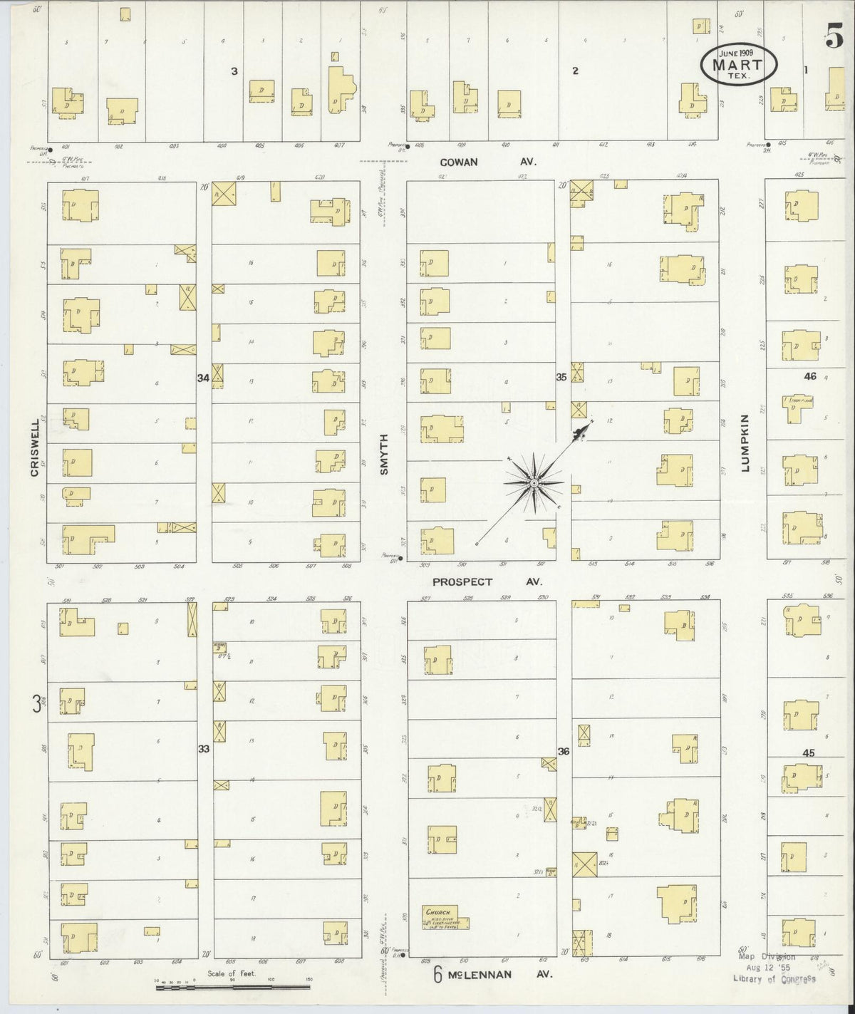 Sanborn Fire Insurance Map from Mart, McLennan County, Texas (1909), Sheet #0005 - Complete Map Set gallery image, historic Sanborn map, vintage wall art, Texas Texas