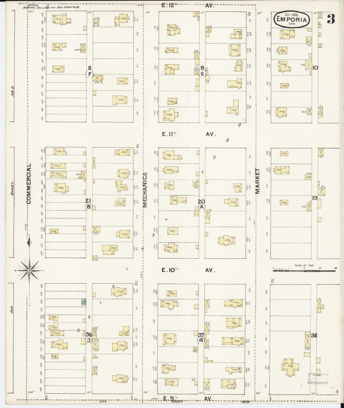 Sanborn Fire Insurance Map from Emporia, Lyon County, Kansas (1888), Sheet #0003 - Complete Map Set gallery image, historic Sanborn map, vintage wall art, Kansas Kansas