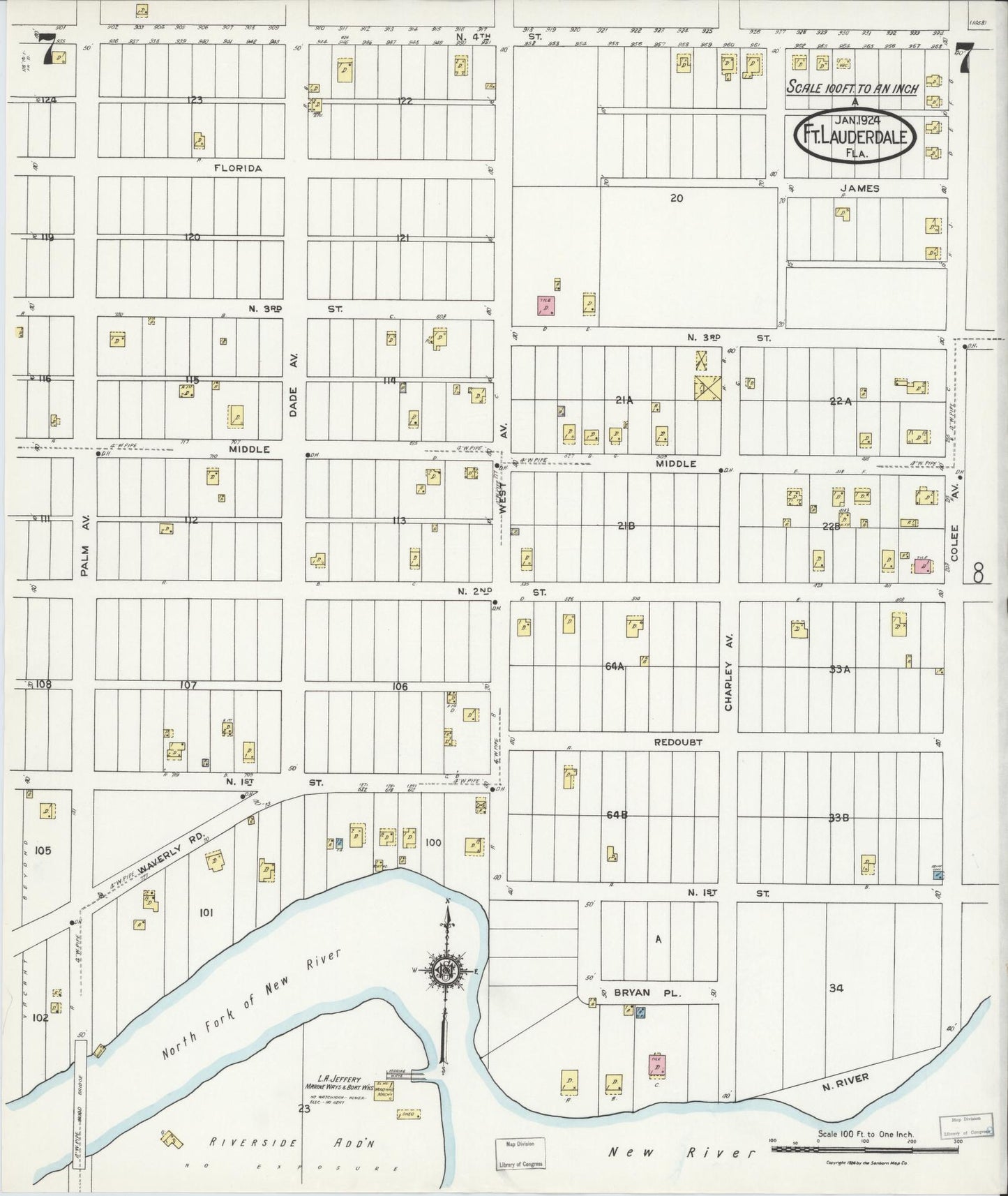 Sanborn Fire Insurance Map from Fort Lauderdale, Broward County, Florida (1924), Sheet #0007 - Historic Sanborn Fire Insurance Map Print, vintage old map wall art, antique decor, genealogy gift, Florida Florida map