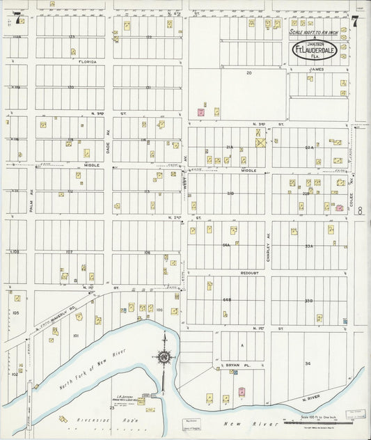 Sanborn Fire Insurance Map from Fort Lauderdale, Broward County, Florida (1924), Sheet #0007 - Historic Sanborn Fire Insurance Map Print, vintage old map wall art, antique decor, genealogy gift, Florida Florida map