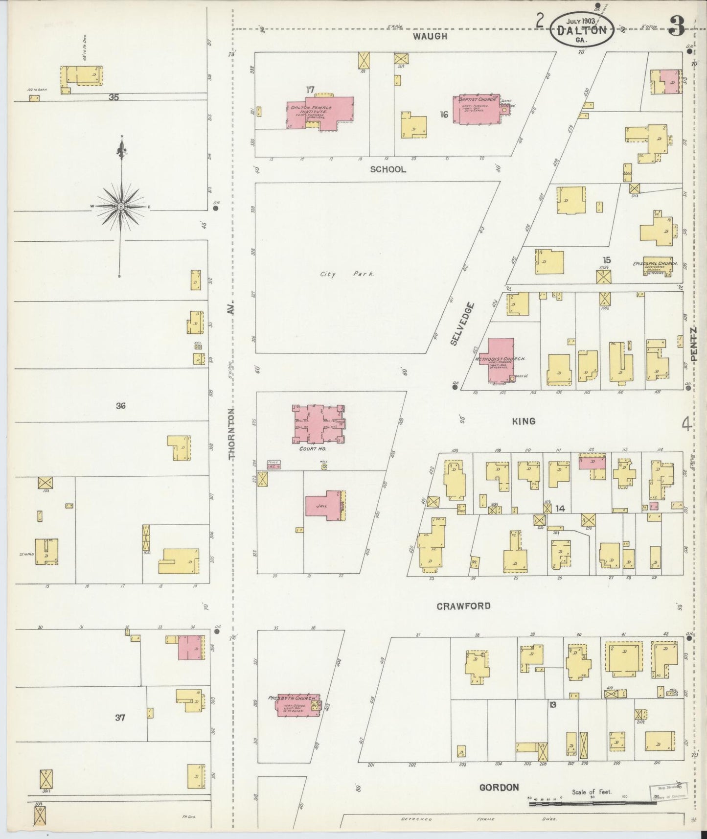 Sanborn Fire Insurance Map from Dalton, Whitfield County, Georgia (1903), Sheet #0003 - Historic Sanborn Fire Insurance Map Print, vintage old map wall art, antique decor, genealogy gift, Georgia Georgia map