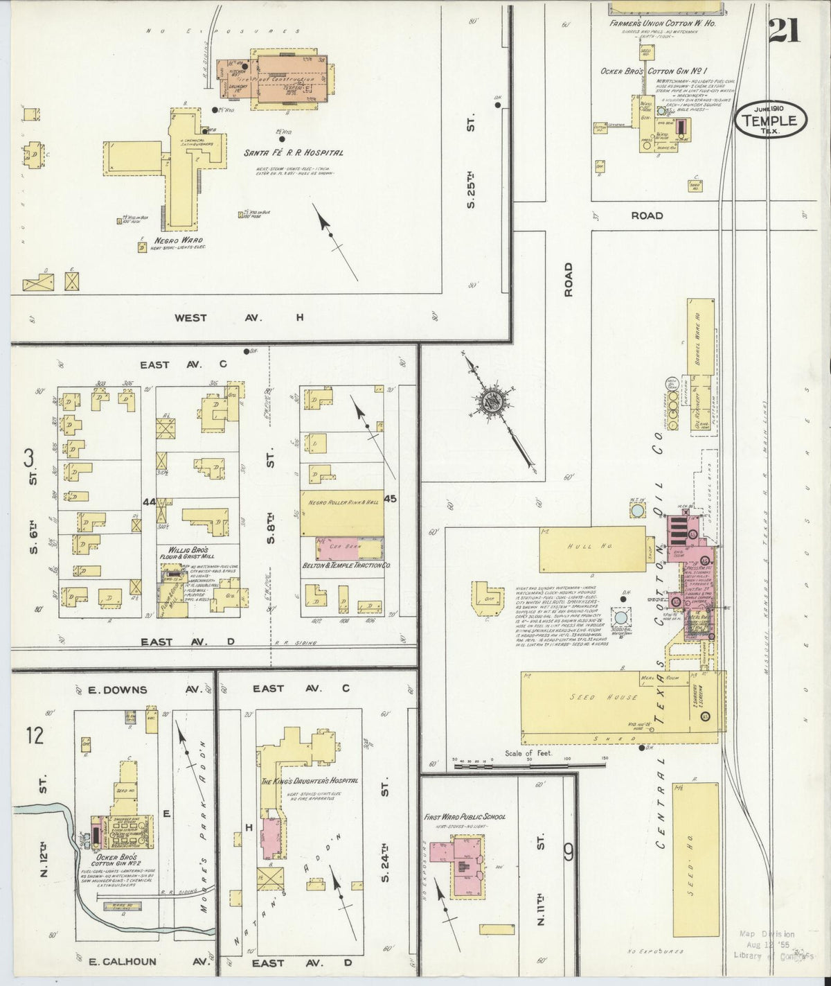 Sanborn Fire Insurance Map from Temple, Bell County, Texas (1910), Sheet #0021 - Complete Map Set gallery image, historic Sanborn map, vintage wall art, Texas Texas