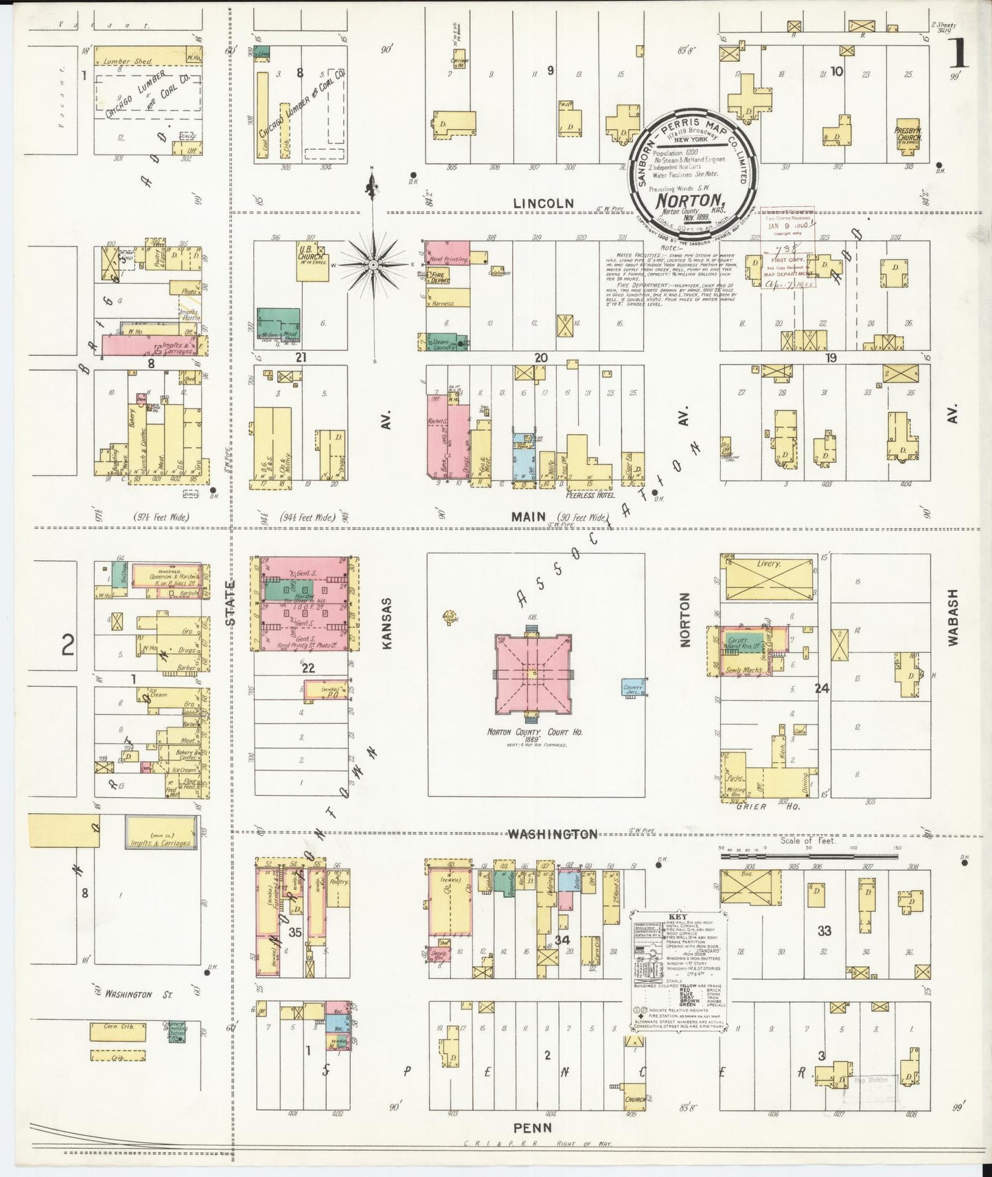 Sanborn Fire Insurance Map from Norton, Norton County, Kansas (1899), Sheet #0001 - Historic Sanborn Fire Insurance Map Print, vintage old map wall art, antique decor, genealogy gift, Kansas Kansas map