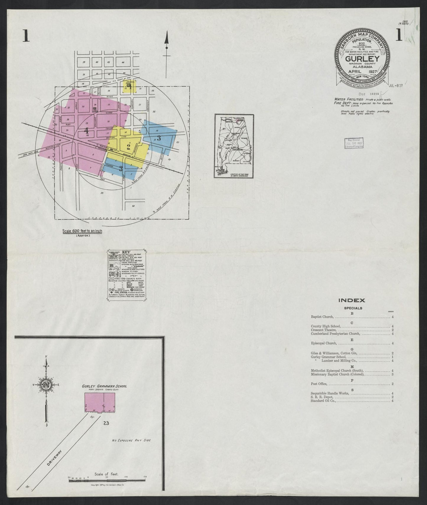 Sanborn Fire Insurance Map from Gurley, Madison County, Alabama (1927), Sheet #0001 - Complete Map Set gallery image, historic Sanborn map, vintage wall art, Alabama Alabama