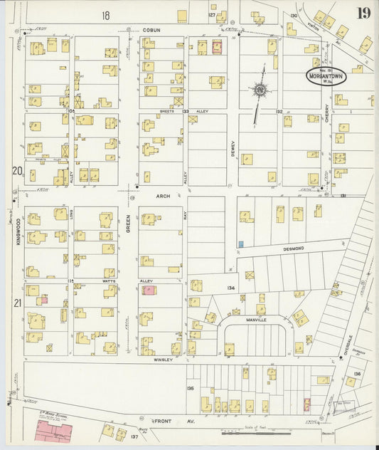 Sanborn Fire Insurance Map from Morgantown, Monongalia County, West Virginia (1911), Sheet #0019 - Historic Sanborn Fire Insurance Map Print, vintage old map wall art, antique decor, genealogy gift, West Virginia West Virginia map