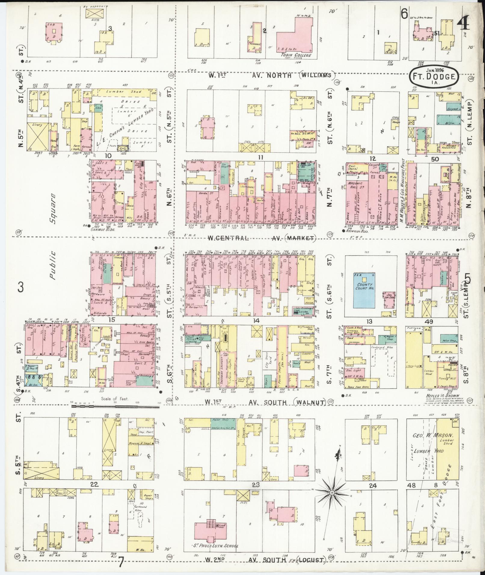 Sanborn Fire Insurance Map from Fort Dodge, Webster County, Iowa (1896), Sheet #0004 - Historic Sanborn Fire Insurance Map Print, vintage old map wall art