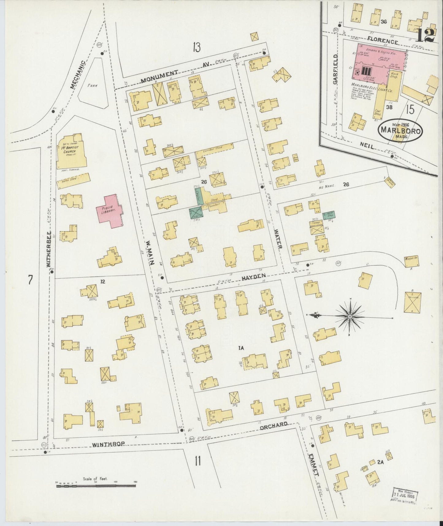 Sanborn Fire Insurance Map from Marlborough, Middlesex County, Massachusetts (1906), Sheet #0012 - Historic Sanborn Fire Insurance Map Print, vintage old map wall art, antique decor, genealogy gift, Massachusetts Massachusetts map