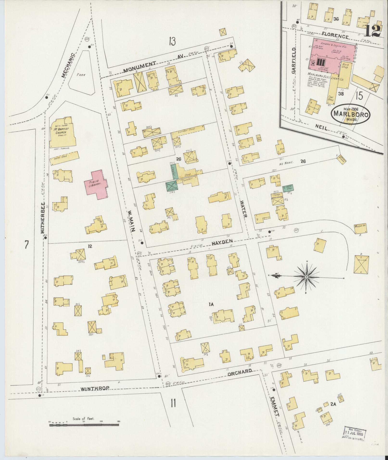 Sanborn Fire Insurance Map from Marlborough, Middlesex County, Massachusetts (1906), Sheet #0012 - Historic Sanborn Fire Insurance Map Print, vintage old map wall art, antique decor, genealogy gift, Massachusetts Massachusetts map