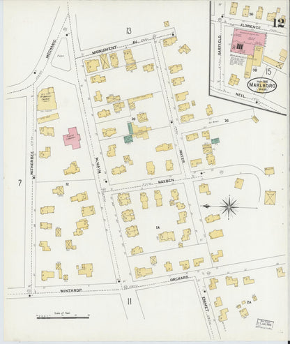 Sanborn Fire Insurance Map from Marlborough, Middlesex County, Massachusetts (1906), Sheet #0012 - Historic Sanborn Fire Insurance Map Print, vintage old map wall art, antique decor, genealogy gift, Massachusetts Massachusetts map
