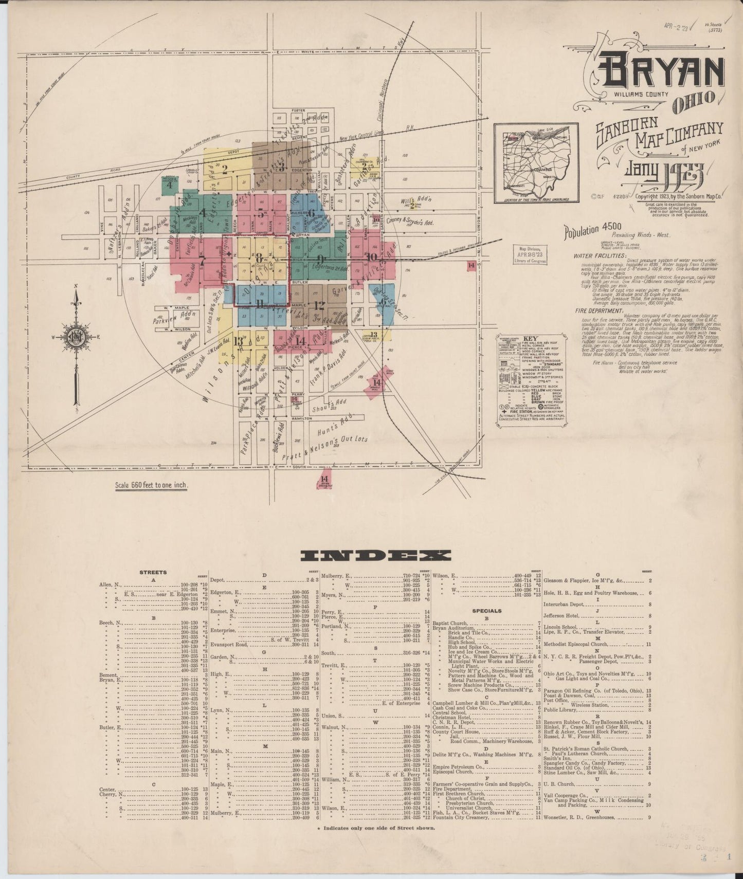 Sanborn Fire Insurance Map from Bryan, Williams County, Ohio (1923), Sheet #0001 - Historic Sanborn Fire Insurance Map Print, vintage old map wall art, antique decor, genealogy gift, Ohio Ohio map