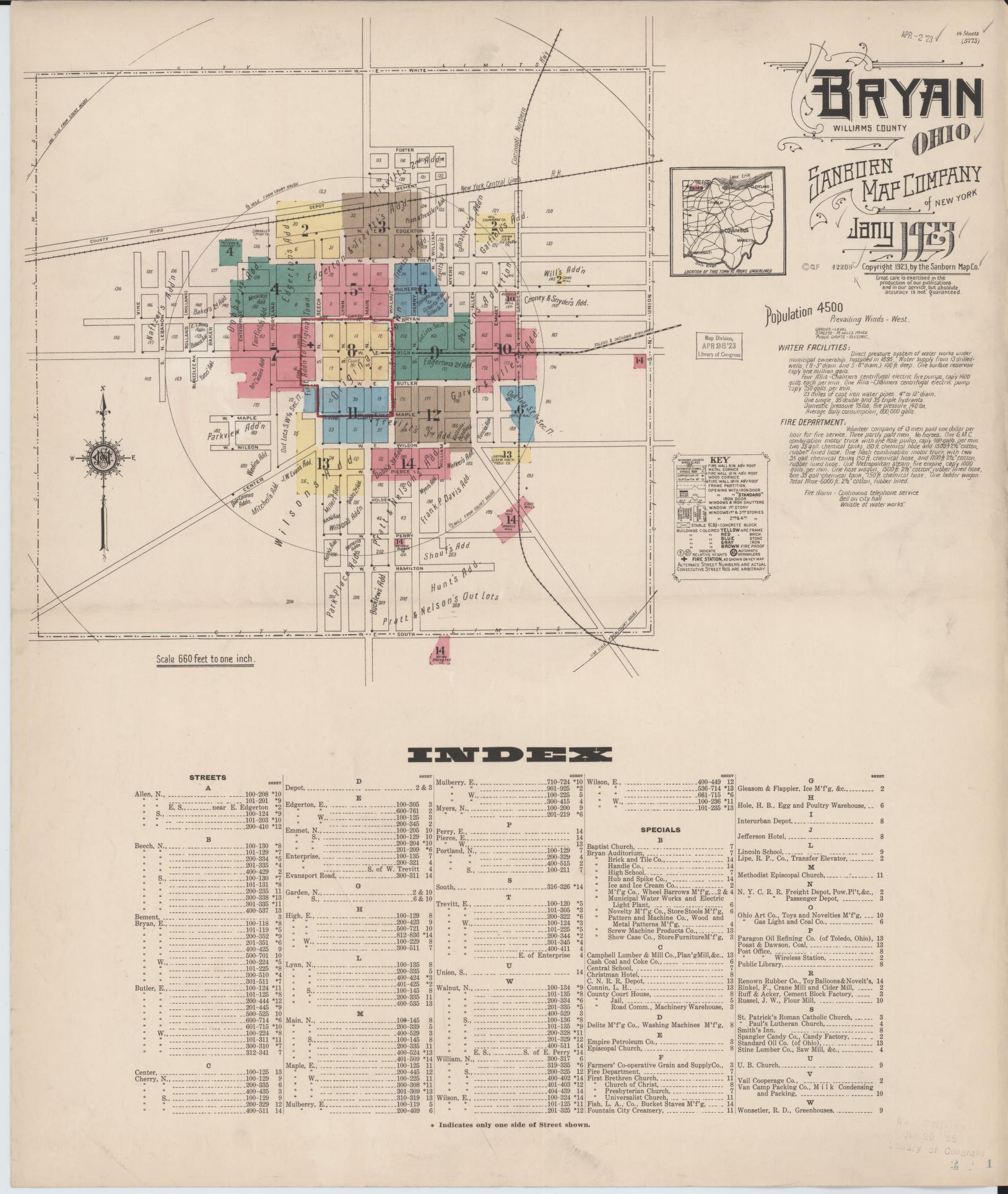 Sanborn Fire Insurance Map from Bryan, Williams County, Ohio (1923), Sheet #0001 - Historic Sanborn Fire Insurance Map Print, vintage old map wall art, antique decor, genealogy gift, Ohio Ohio map