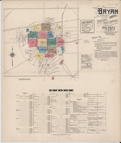 Sanborn Fire Insurance Map from Bryan, Williams County, Ohio (1923), Sheet #0001 - Historic Sanborn Fire Insurance Map Print, vintage old map wall art, antique decor, genealogy gift, Ohio Ohio map