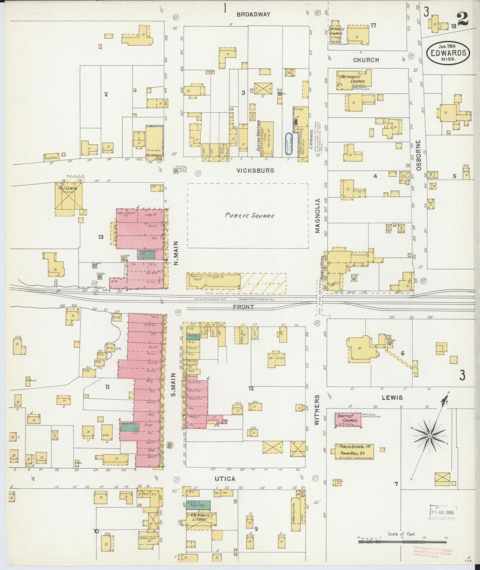 Sanborn Fire Insurance Map from Edwards, Hinds County, Mississippi (1904), Sheet #0002 - Historic Sanborn Fire Insurance Map Print, vintage old map wall art, antique decor, genealogy gift, Mississippi Mississippi map