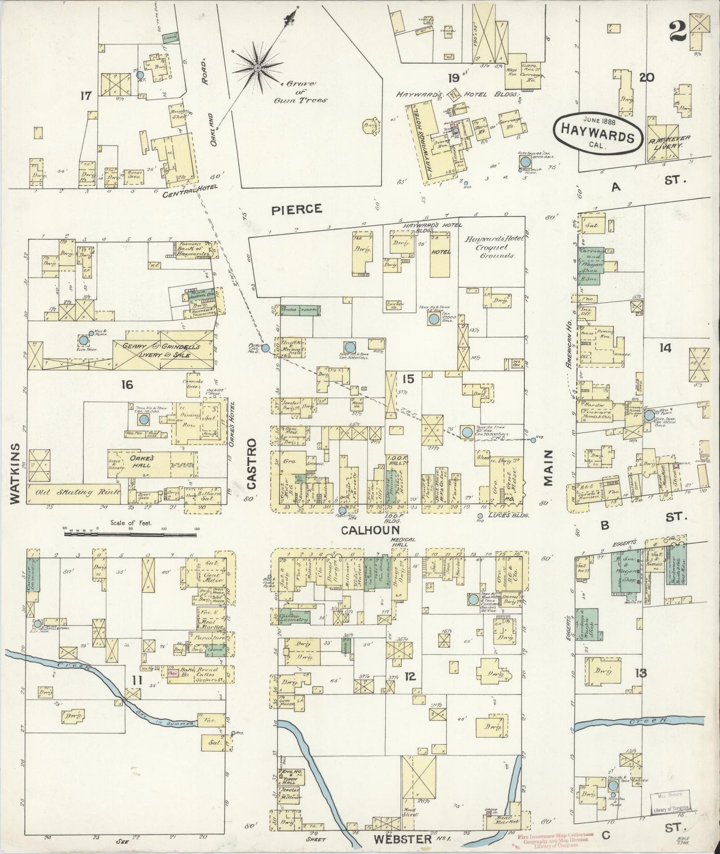Sanborn Fire Insurance Map from Hayward, Alameda County, California (1888), Sheet #0002 - Complete Map Set gallery image, historic Sanborn map, vintage wall art, California California