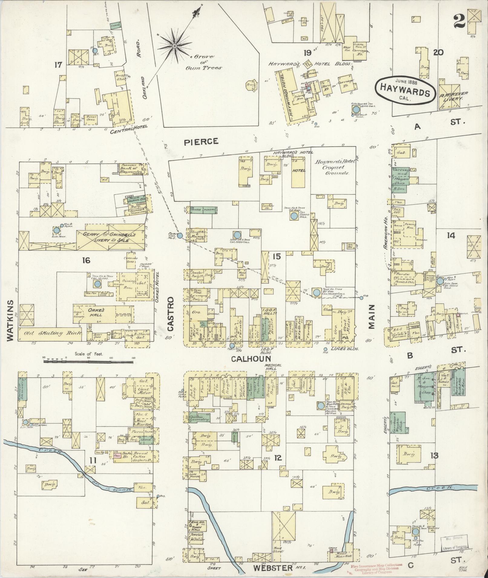 Sanborn Fire Insurance Map from Hayward, Alameda County, California (1888), Sheet #0002 - Complete Map Set gallery image, historic Sanborn map, vintage wall art, California California