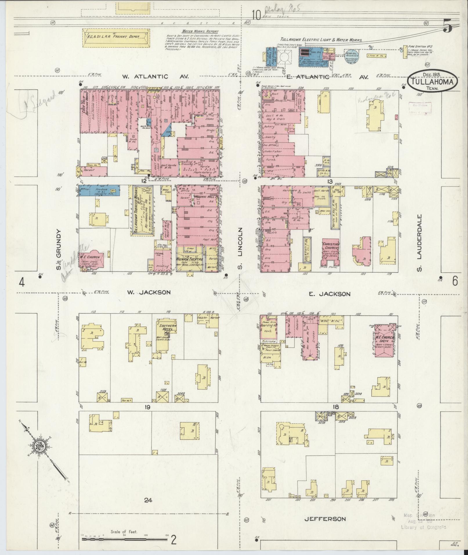 Sanborn Fire Insurance Map from Tullahoma, Coffee County, Tennessee (1913), Sheet #0005 - Complete Map Set gallery image, historic Sanborn map, vintage wall art, Tennessee Tennessee