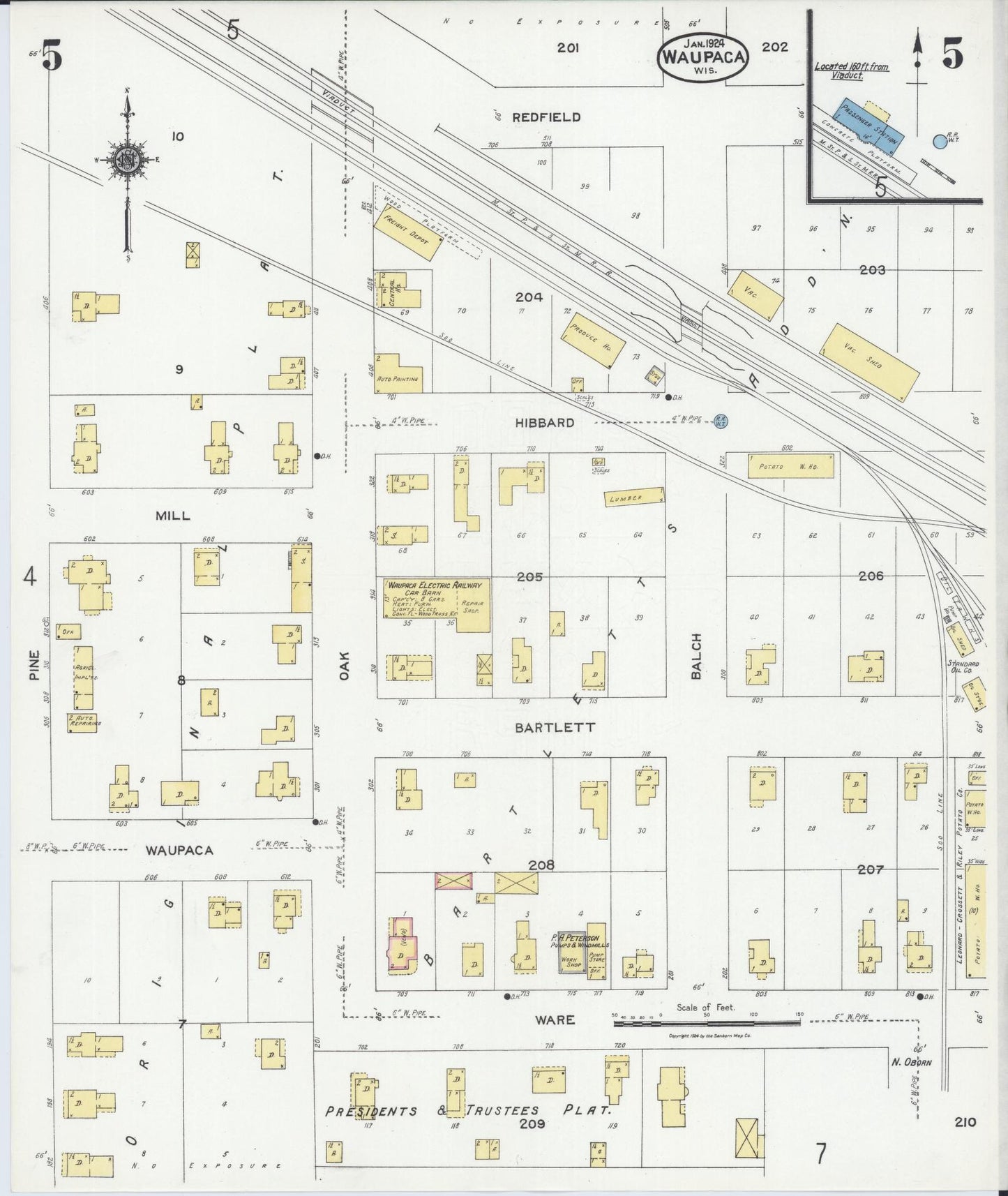 Sanborn Fire Insurance Map from Waupaca, Waupaca County, Wisconsin (1924), Sheet #0005 - Historic Sanborn Fire Insurance Map Print, vintage old map wall art, antique decor, genealogy gift, Wisconsin Wisconsin map