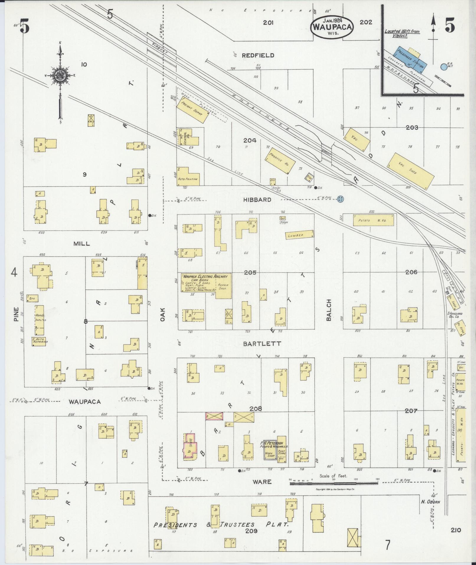 Sanborn Fire Insurance Map from Waupaca, Waupaca County, Wisconsin (1924), Sheet #0005 - Historic Sanborn Fire Insurance Map Print, vintage old map wall art, antique decor, genealogy gift, Wisconsin Wisconsin map